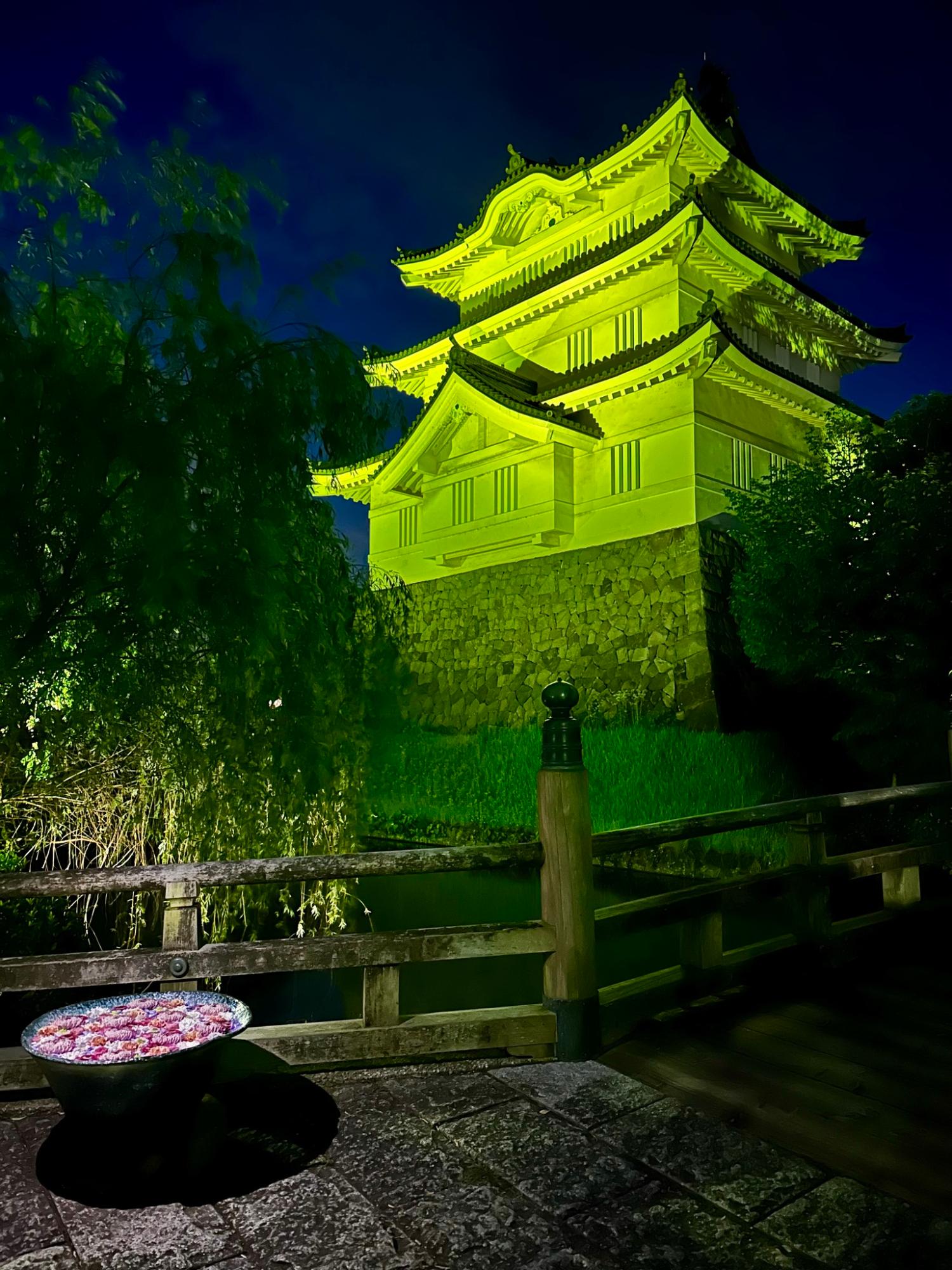 黄緑色にライトアップされた忍城