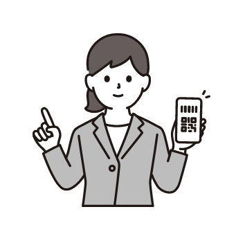 QRコードが出来ますよと教えてくれている女性のイラスト
