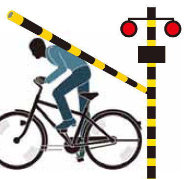 遮断機が下りてきている踏切と踏切内に侵入する自転車に乗った人物のイラスト