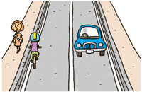 歩道を歩いている女性、車道を走る自転車と対向車の車のイラスト