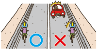 左側通行している自転車の絵に青い丸印、自転車が右側通行し、対向車が来ている絵に赤いバツ印が書いてあるイラスト