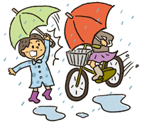 前が見えない状態で傘を差し、自転車を運転している女性が歩行者にぶつかりそうになっているイラスト
