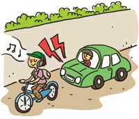 イヤホンで音楽を聴きながら自転車を運転している人物が後ろの車のクラクションに気付いていないイラスト