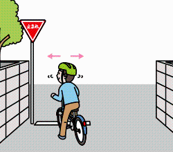 自転車に乗った男性が「止まれ」の標識の前で一時停止をして左右確認をしているイラスト
