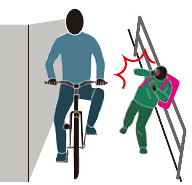 歩道を通る自転車に乗った人物と自転車に驚いているランドセルを背負った子供のイラスト