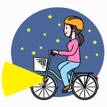 夜間、ライトを点灯して自転車を運転する女性に自転車のライトがあたっているイラスト