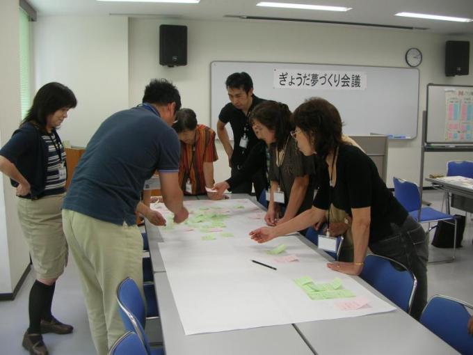 テーブルの上に広げた模造紙にアイデアの書かれた付箋を貼る作業をしている参加者の写真