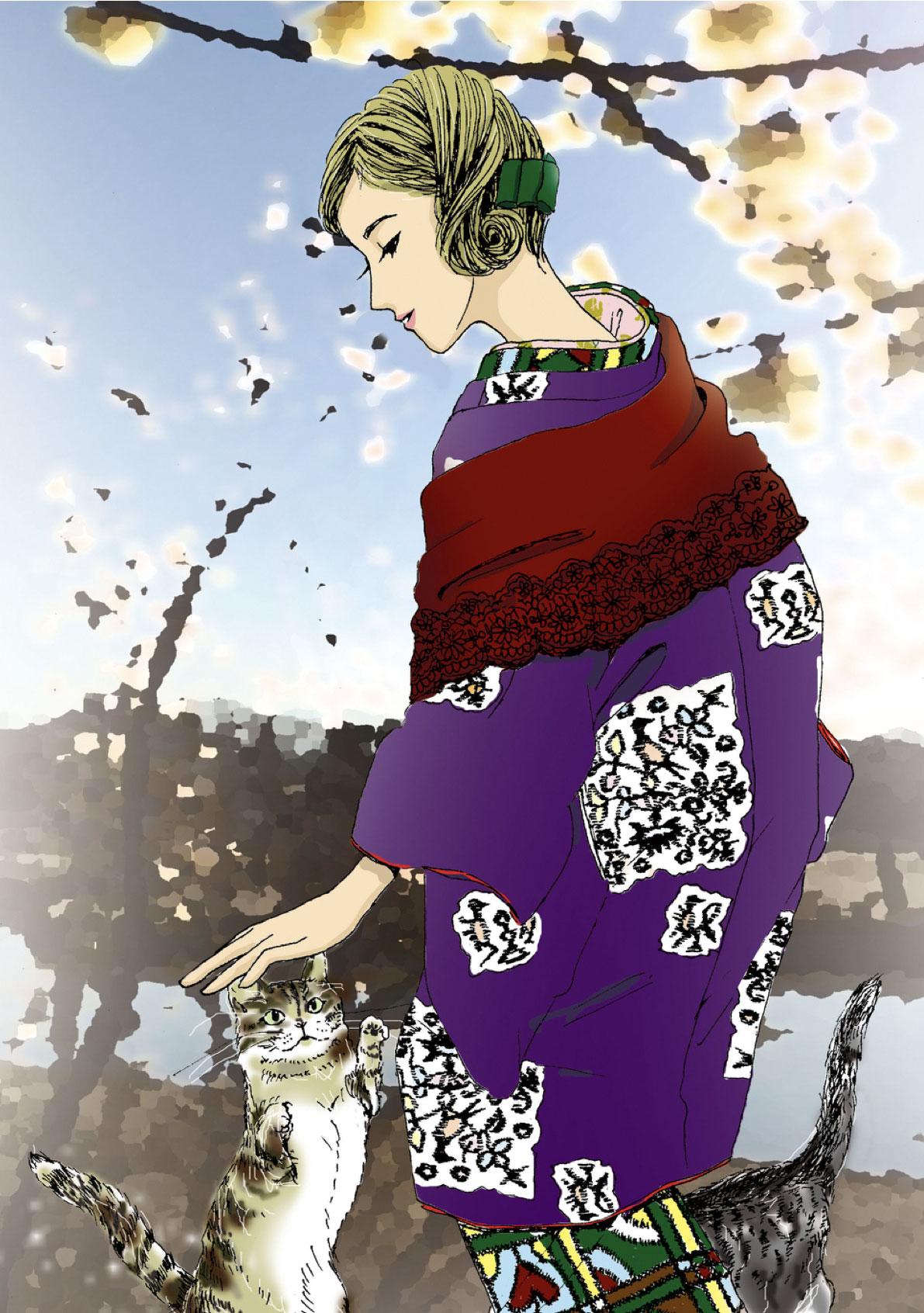 猫と着物を着た女性を描いたイラスト