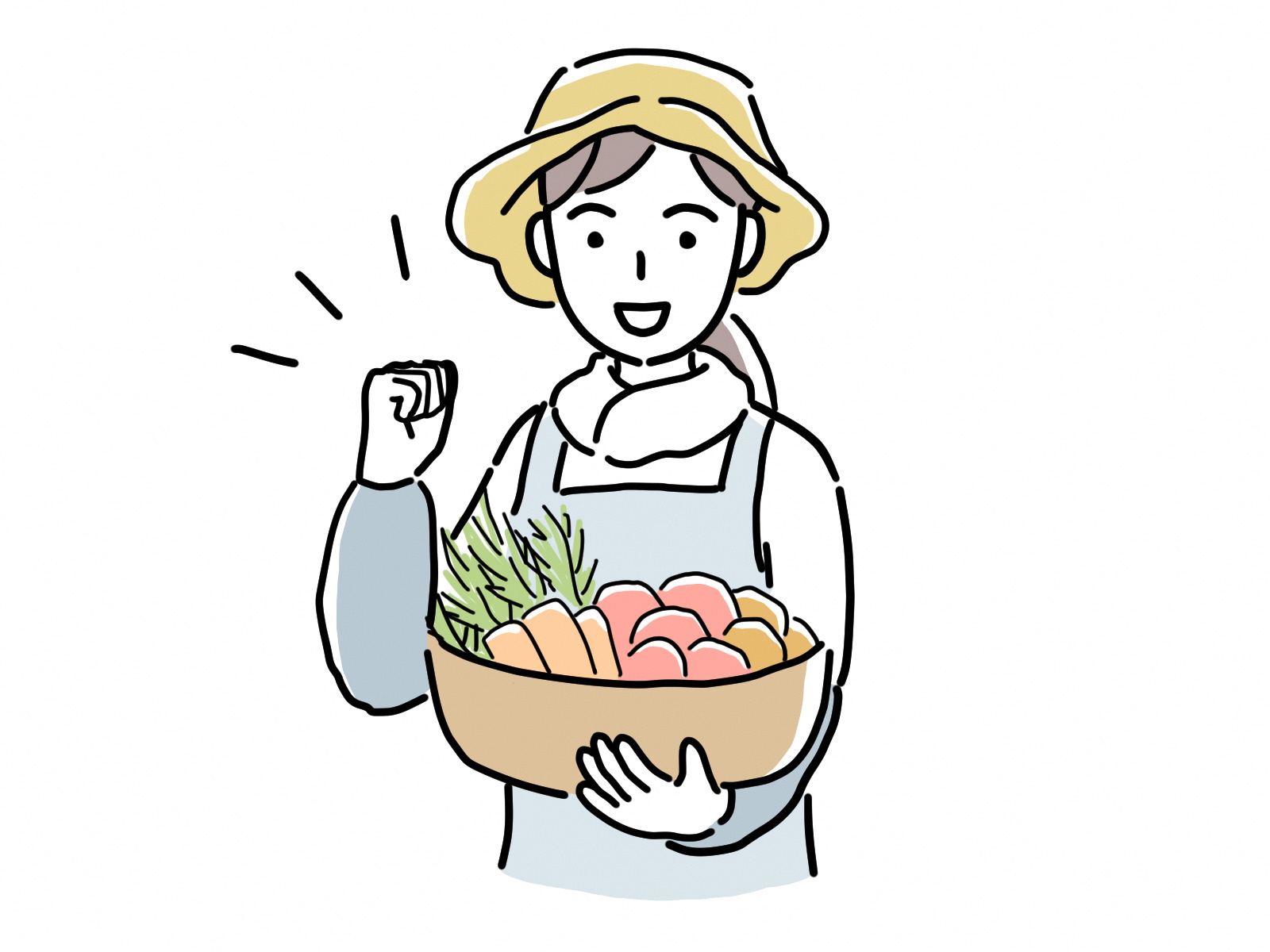 野菜を持ちガッツポーズをする女性
