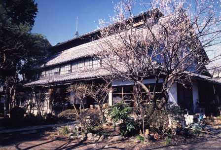 庭に桜の木があり、その奥にある木造2階建ての古い母屋の写真
