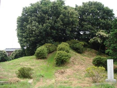 小高い山のようになった上部に木が植えられ、右下には石碑がたっている真名板高山古墳の写真