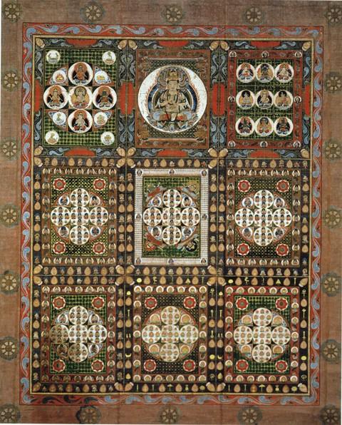長方形の中に横に3つ、3段で9つの曼荼羅があり、仏や明王の姿が描かれている金剛界曼荼羅の写真