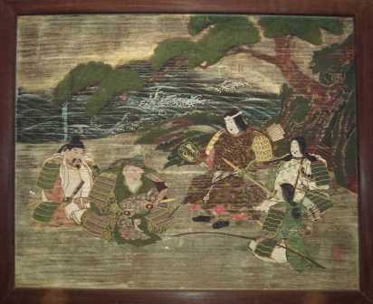 背景に松の木と海、鎧を身につけ弓矢を持った随臣、神功皇后、武内宿禰が描かれた納額の写真