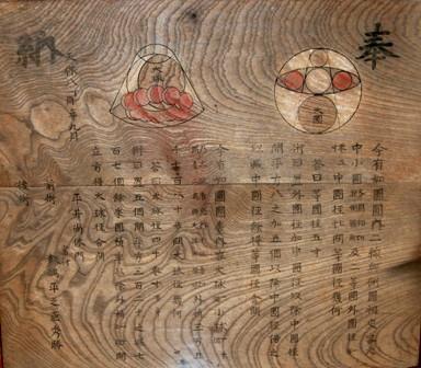 板に奉納の文字と大小の円で作られた2つの図形、その下に漢字の文章が書かれている算額の写真