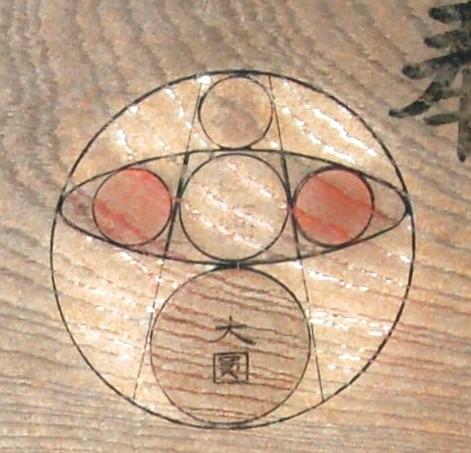 大きな円の中に縦に大中小の円が3つ、中心の丸の左右に丸が描かれて合計5つの丸がある、板に描かれた図形の写真