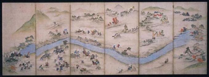 左に山、右から左に杭瀬川が流れており、馬に乗った人や刀を持った人など、大垣における杭瀬川の戦いが描かれている関ヶ原合戦図屏風の写真